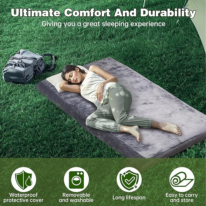 Memory Foam Camping Mattress pad,3 Inch Thick Floor Sleeping Mat Pad for Adults with Waterproof and Non-Slip Bottom, Portable Roll Up Mattress for Sleepover Guest