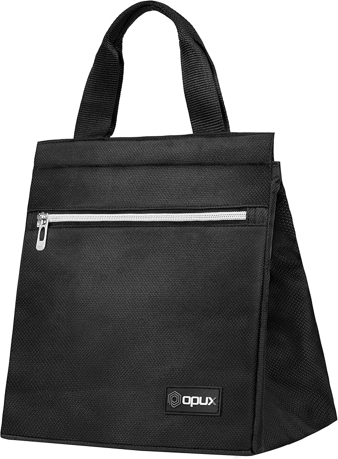 opux Lunch Bag for Women, Insulated Lunch Box Tote for Girls Kids Adult School Work, Reusable Womens Lunch Tote for Office Travel, Cute Small Lunch Tote, Fits 12 Cans - Black