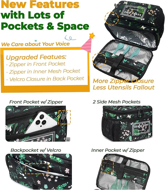SUNNY BIRD Insulated Lunch Bag with Foldable and Leakproof Design, Thermally Insulated, Shoulder Strap for Women, Men and Teen (Floral & Foliage)