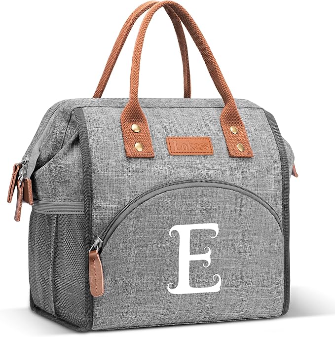 Initial Lunch Bag Women Insulated Lunch Box Wide-Open Tote Bag Large Drinks Holder Durable Nylon Thermal Snacks Organizer for Work, Travel, Picnic Personalized Gifts for Women/Teacher