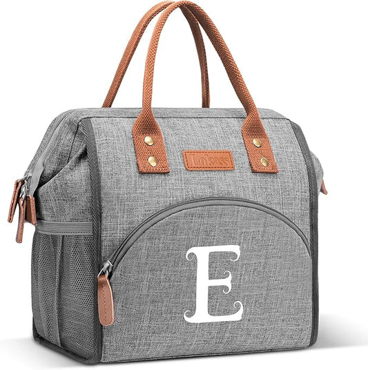 Initial Lunch Bag Women Insulated Lunch Box Wide-Open Tote Bag Large Drinks Holder Durable Nylon Thermal Snacks Organizer for Work, Travel, Picnic Personalized Gifts for Women/Teacher