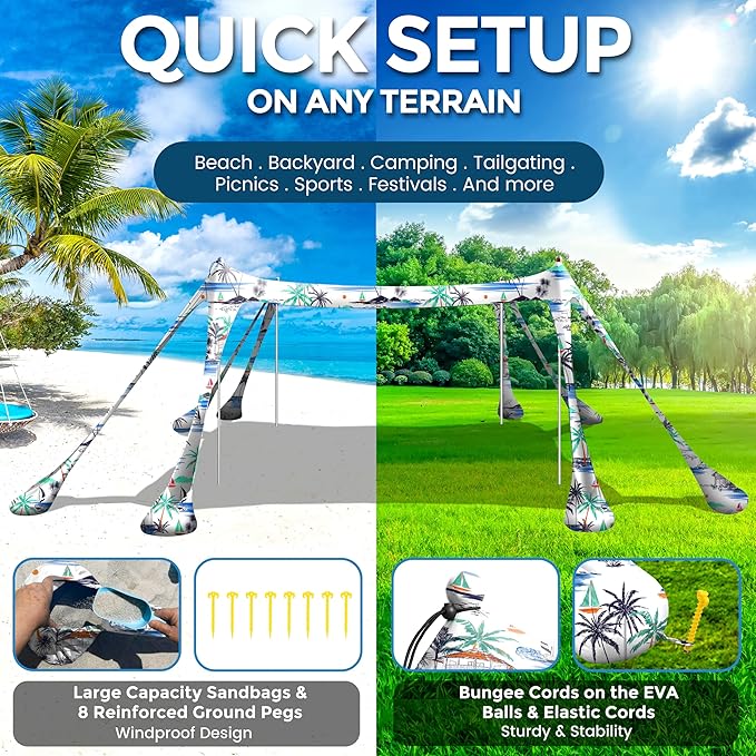 Beach Canopy Beach Tent Pop Up Shade 10x10ft Sun Shelter UPF50+ with 8 Sandbags-2 Sand Shovel-4 Aluminum Poles-Ground Pegs-Portable Carrying Bag for Outdoor Family Camping Fishing Yard Picnic
