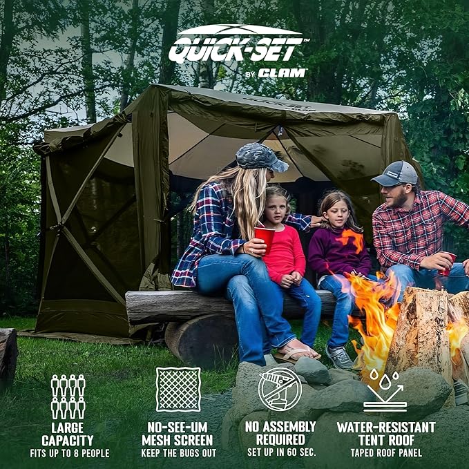 CLAM Pop Up Screen Tent, Outdoor Camping Gazebo Canopy, Pavilion, 12.5', Green/Tan