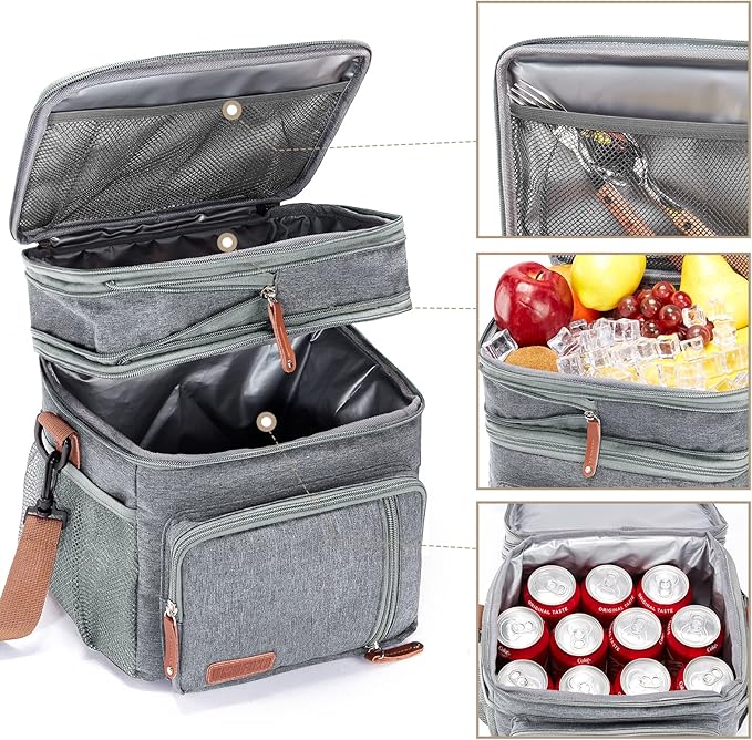 Men's and Women Double Compartment Lunch Bag, Insulated Lunch Cooler Tote 2 Roomy Large Reusable Water-resistant Lunch Box (Grey)
