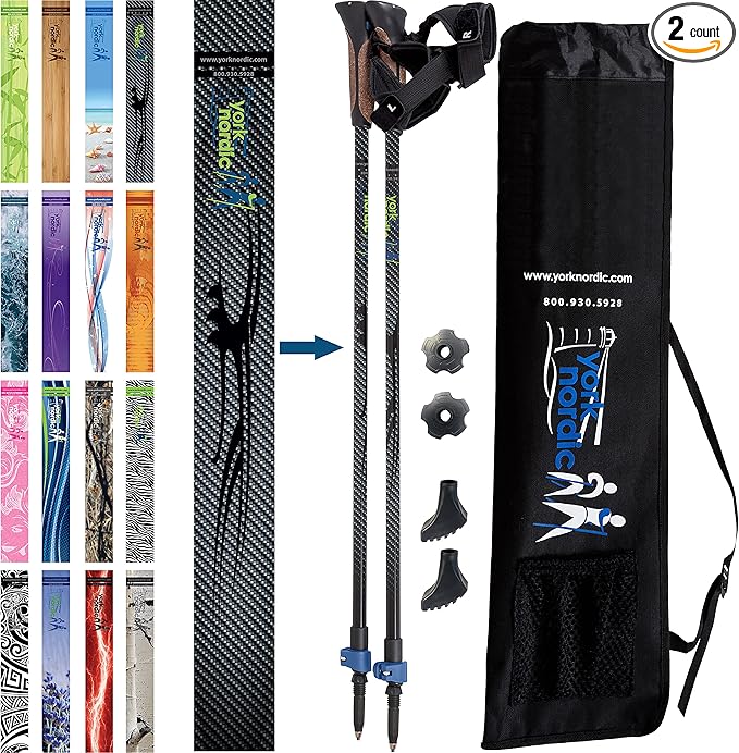 Official Nordic Walking Poles - True Classic Nordic Glove Grips, Lightweight, Adjustable, and Collapsible -2 Pieces w/flip Locks, Detachable Feet and Travel Bag by York Nordic - Heights 5'4"-6'2"