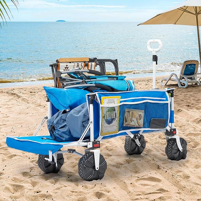 300lbs Extra Long 49" L Beach Wagon with Big Wheels for Sand, Collapsible Utility Beach Cart Heavy Duty Folding Wagon,Ideal for Outdoor Sand Camping Garden Pet