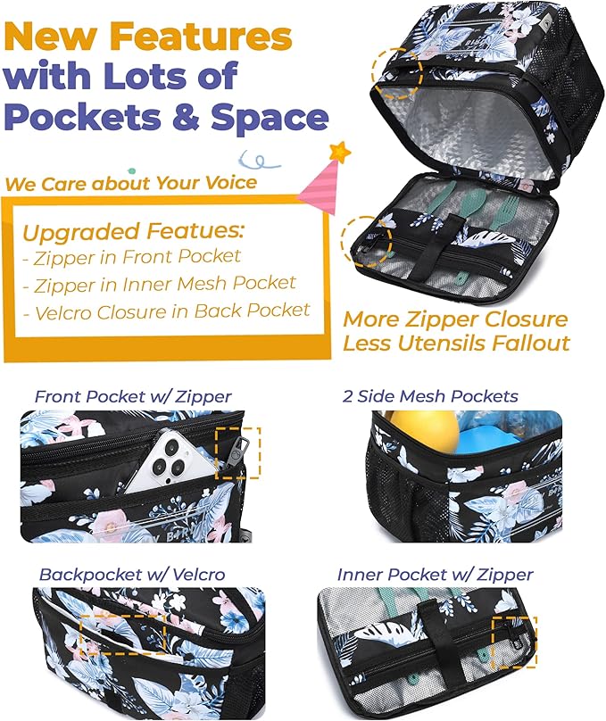 SUNNY BIRD Insulated Lunch Bag with Foldable and Leakproof Design, Thermally Insulated, Shoulder Strap for Women, Men and Teen (Hibiscus)