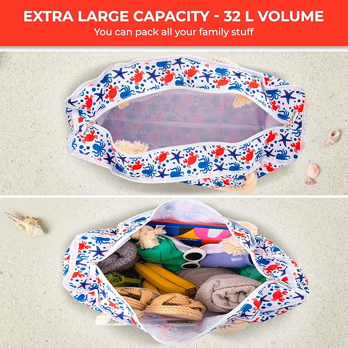 SHYLERO Beach Bag and Pool Bag. Has Airtight Pouch, Ton of Pockets. Beach Tote is Zippered, Water Resistant. Family Size