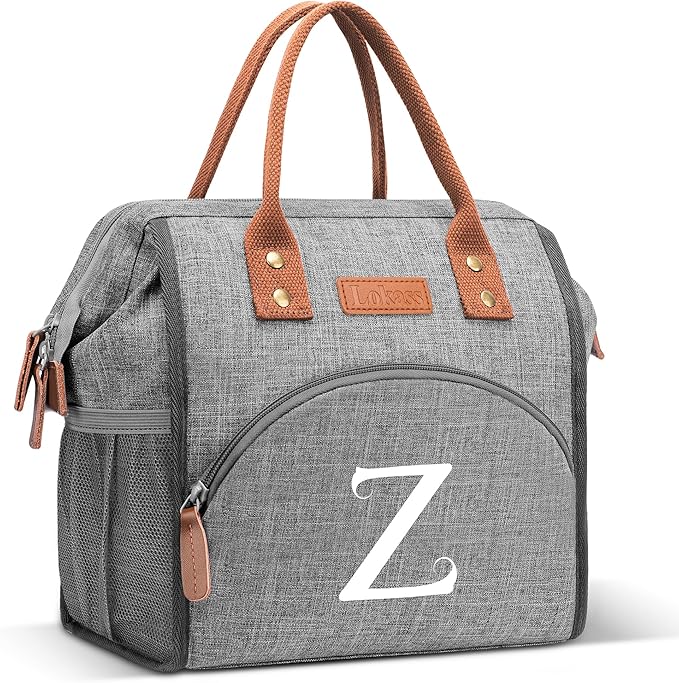 Initial Lunch Bag Women Insulated Lunch Box Wide-Open Lunch Tote Bag Large Drinks Holder Durable Nylon Thermal Snacks Organizer for Work, Travel, Picnic Personalized Gifts for Women/Teacher