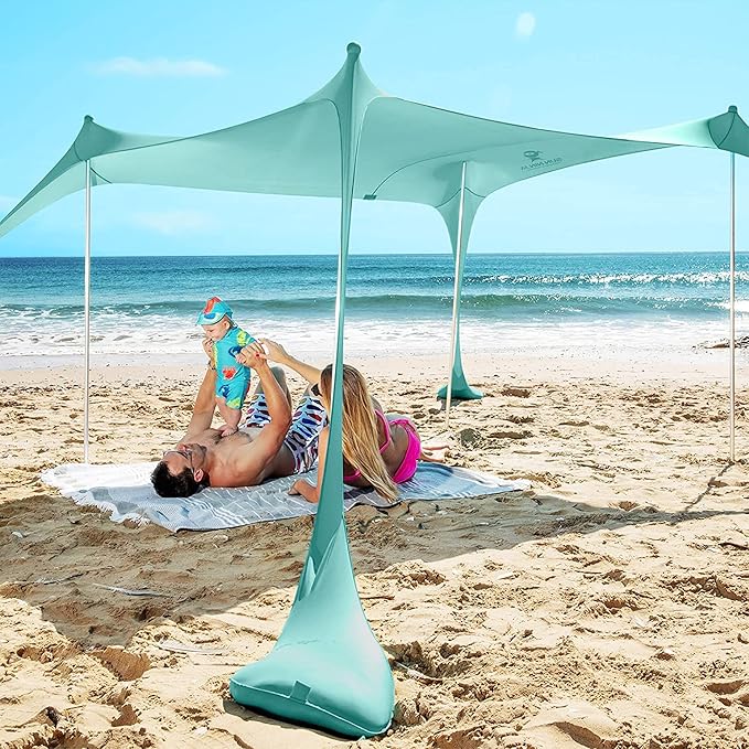 SUN NINJA Pop Up Beach Tent Sun Shelter UPF50+ with Sand Shovel, Ground Pegs and Stability Poles, Outdoor Shade for Camping Trips, Fishing, Backyard Fun or Picnics (7x7.5 FT 4 Pole, Green)