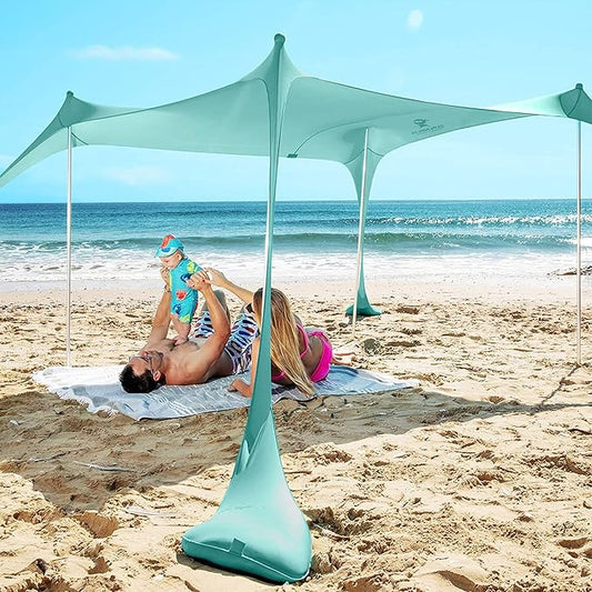 SUN NINJA Pop Up Beach Tent Sun Shelter UPF50+ with Sand Shovel, Ground Pegs and Stability Poles, Outdoor Shade for Camping Trips, Fishing, Backyard Fun or Picnics (7x7.5 FT 4 Pole, Green)