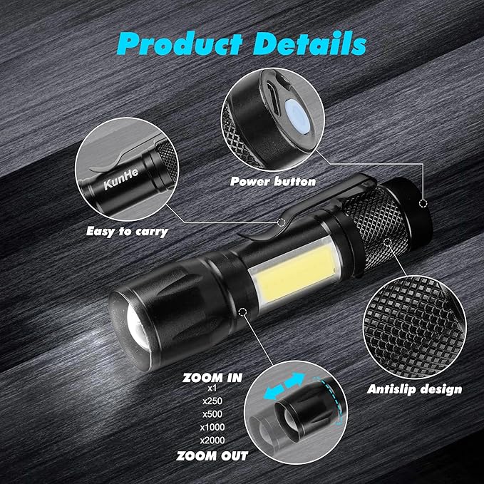KunHe Rechargeable Flashlights USB-C Stocking Stuffers Small LED Lantern Flashlights Bright Clip-On Light EDC Flash Light with Side COB Light for Camping Home Emergency 4 Pack