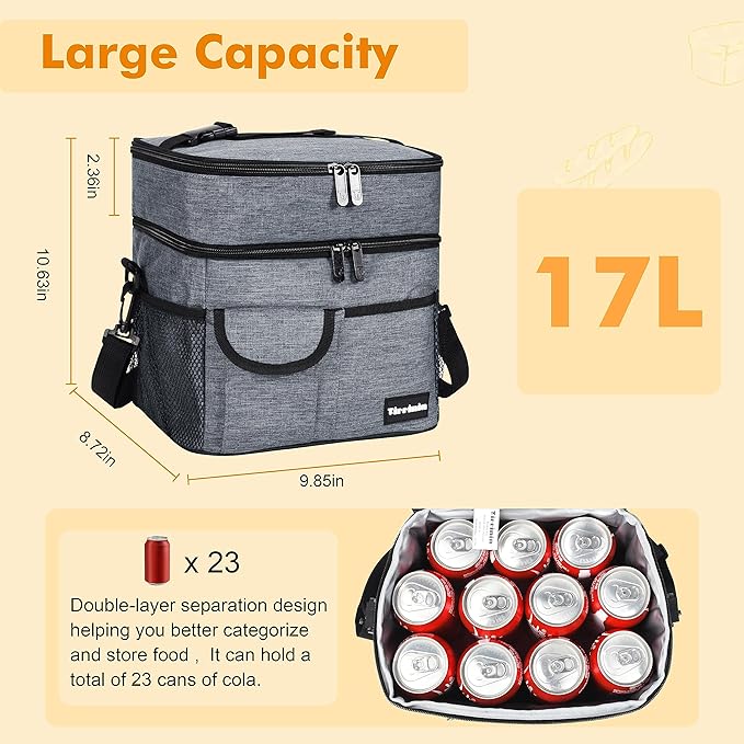 Tirrinia Large Insulated Lunch Box for Women Men, Double-Layer Leak-Proof Reusable Lunch Bag with 4 Pockets for Adult, Lunch Bag Cooler Tote for Office Work and Travel,Carbonarius