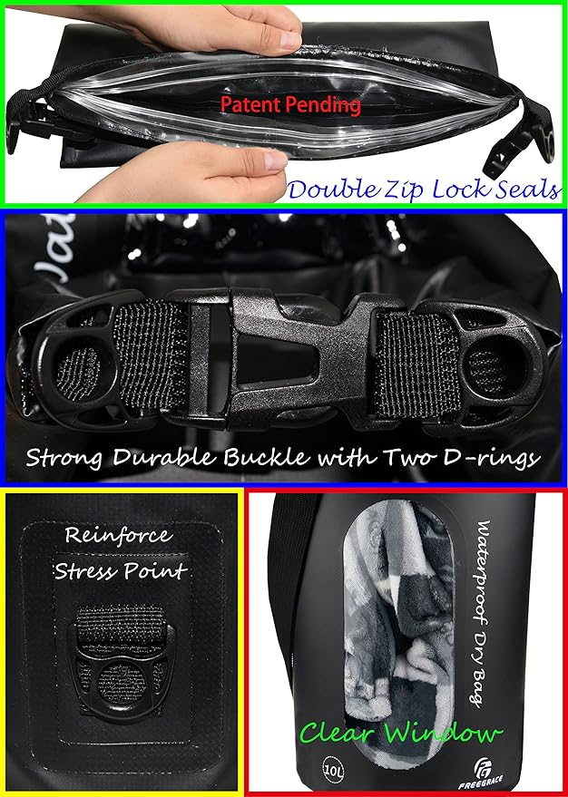 Waterproof Dry Bags Set of 3 Dry Bag with 2 Zip Lock Seals & Detachable Shoulder Strap, Waist Pouch & Phone Case - Can Be Submerged Into Water - for Swimming (Black(Window), 10L)