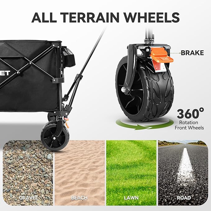 TECKNET Collapsible Foldable Wagon Cart, 150kg/330Lbs Weight Heavy Duty Folding Wagon with All-Terrain Big Wheels, Utility Wagon with Side Pocket for Grocery, Shopping, Sports, Garden, Camping