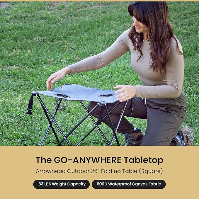 ARROWHEAD OUTDOOR 26” (66cm) Heavy-Duty Portable Camping Folding Table, 2 Cup Holders, Compact, Square, Carrying Case Included, Steel Frame, High-Grade 600D Canvas, USA-Based Support