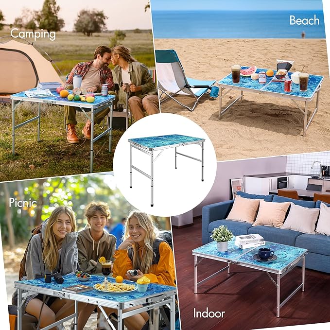 VILLEY Folding Camping Table 3FT, Adjustable Height Portable Aluminum Table with Handle, Lightweight Foldable Table for Outdoor Picnic BBQ Travel Camping Indoor Use