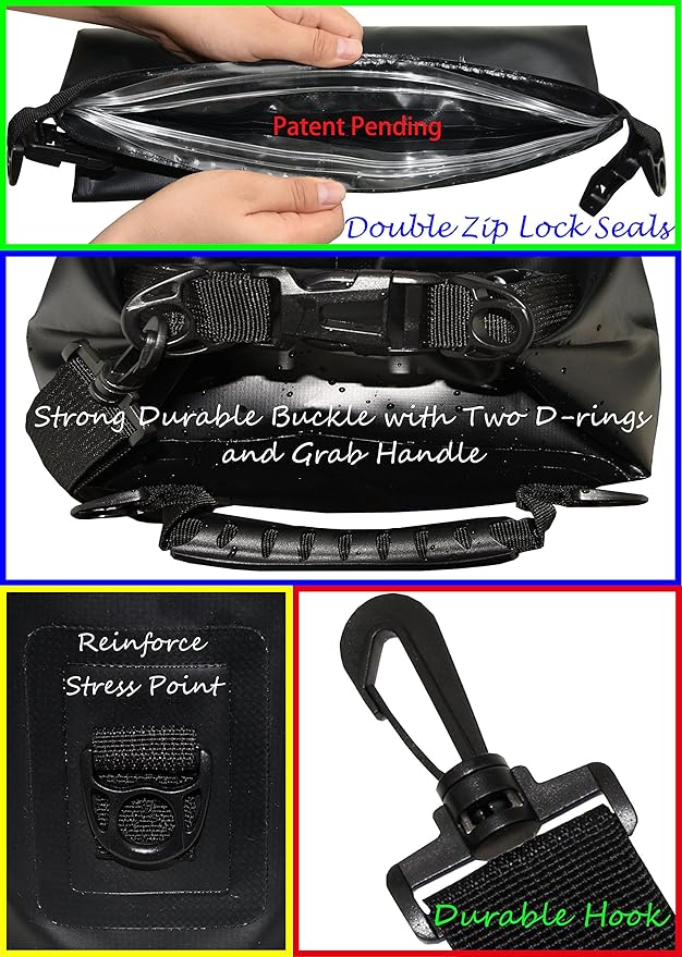 Waterproof Dry Bags Set of 3 Dry Bag with 2 Zip Lock Seals & Detachable Shoulder Strap, Waist Pouch & Phone Case - Can Be Submerged Into Water (Black, 20L)