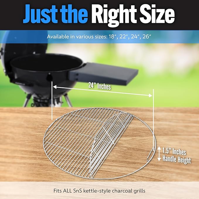 SnS Grills Slow ‘N Sear EasySpin Charcoal Grill Cooking Grate - Compatible with Weber and Other Grills, 2-Zone Stainless Steel Hinged Replacement - Tailgating & Backyard Cooking - 24” Inches