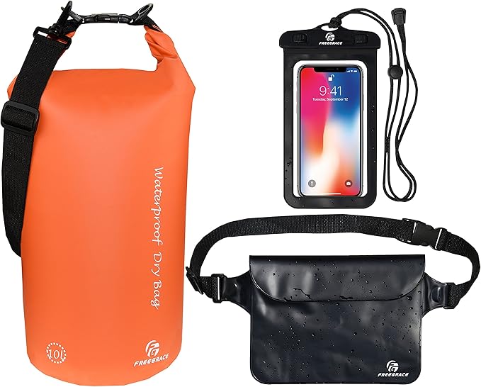 Waterproof Dry Bags Set Of 3 - Dry Bag With 2 Zip Lock Seals, Waist Pouch & Phone Case - Can Be Submerged Into Water For Swimming, Kayak, Rafting & Boating (Without Window, Orange, 20L)
