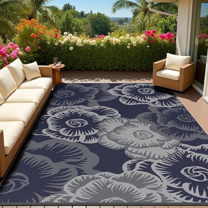 MontVoo Outdoor Rug-Waterproof Patio Rug Mat 6x9 Outdoor Carpet Mat Reversible Plastic Straw Outside Outdoor Rug for RV Camping Picnic Beach Balcony Backyard Pool Deck Farmhouse Floral Navy Blue