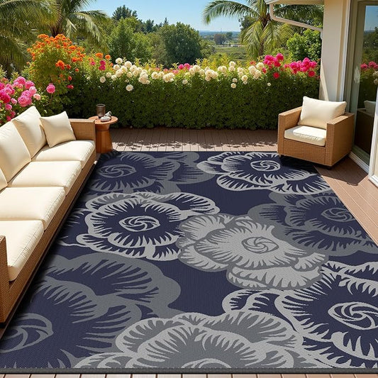 MontVoo Outdoor Rug-Waterproof Patio Rug Mat 6x9 Outdoor Carpet Mat Reversible Plastic Straw Outside Outdoor Rug for RV Camping Picnic Beach Balcony Backyard Pool Deck Farmhouse Floral Navy Blue