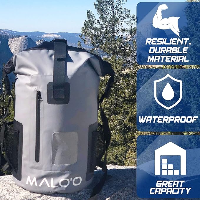 Malo'o 30L Waterproof Roll-Top Backpack - Ideal for Beach, Backpacking, Fishing, and Kayaking - Heavy-Duty Beach and Boat Accessory