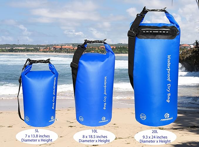 Waterproof Dry Bags Set of 3 Dry Bag with 2 Zip Lock Seals & Detachable Shoulder Strap, Waist Pouch & Phone Case - Can Be Submerged Into Water - for Swimming (Navy Blue, 10L)