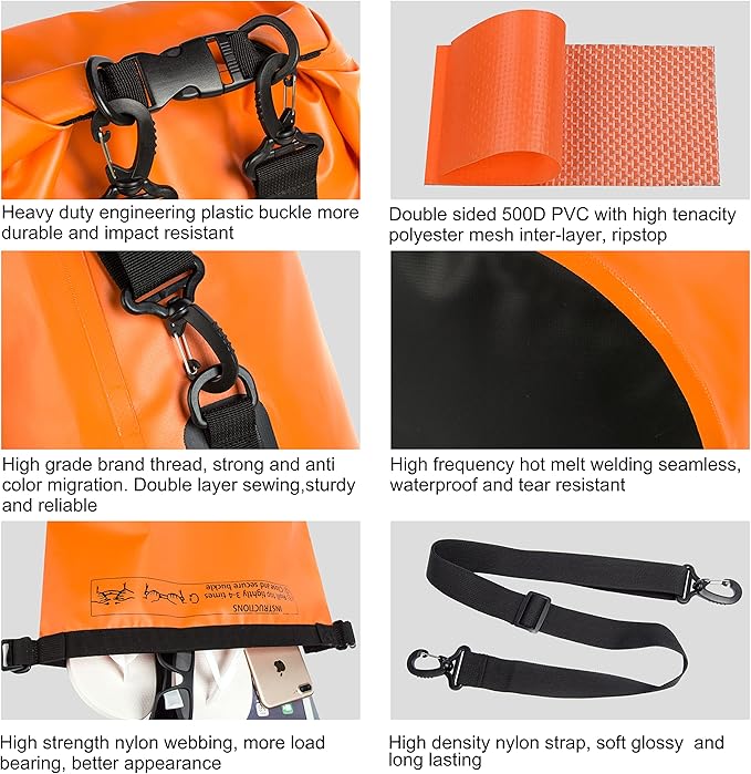 Mountain Land Waterproof Beach Dry Bag Roll Top Backpack Boat Bag Dry Sack for Kayaking Rafting Fishing Hiking Camping (Orange-40L, 40L)