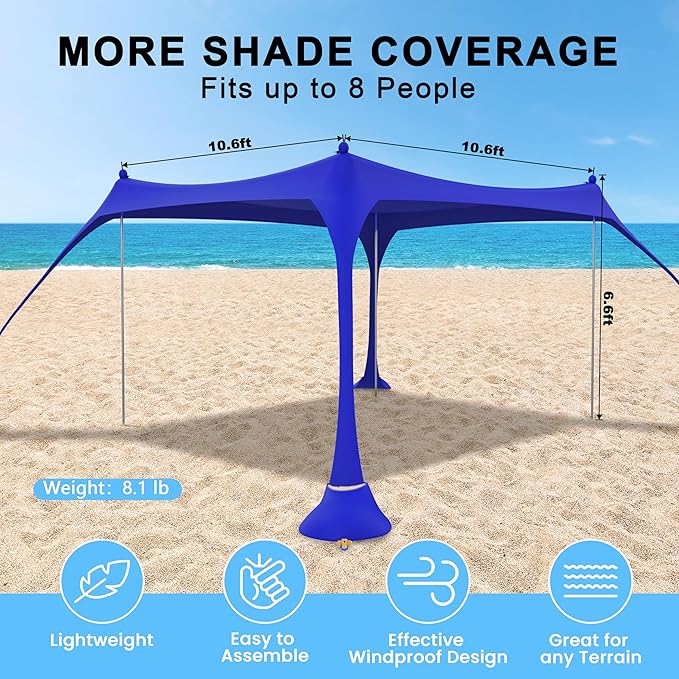 ihuan Beach Tent Sun Shelter 11X11FT UPF50+ with 4 Aluminum Foldable Poles, Easy Setup Outdoor Shade Canopy for 8 Person, Cool Cabana for Fishing, Family Trips, Backyard Picnics