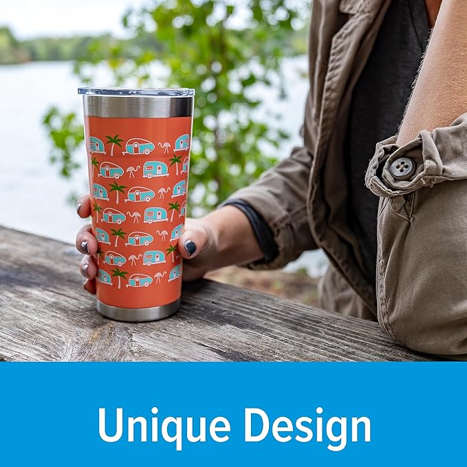 Camco Life is Better at The Campsite Tumbler | Heavy Duty Double Wall Vacuum Insulation | Crafted of 18/8 Stainless Steel | Unique Palm Tree & RV Design on Pink Background | 20-oz (53322)