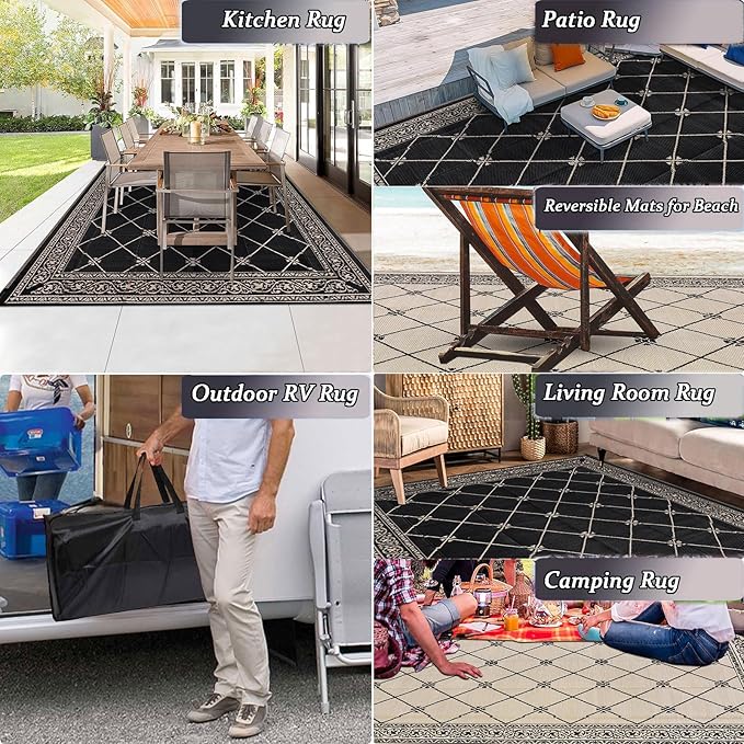 Outdoor Rug 8'x10' for Patios Waterproof Patio Rugs Outdoor Mats for Front Porch,Beach Mat,Reversible Plastic Straw Camping Rugs for Outside RV,Deck,Balcony,Backyard，Black&Beige
