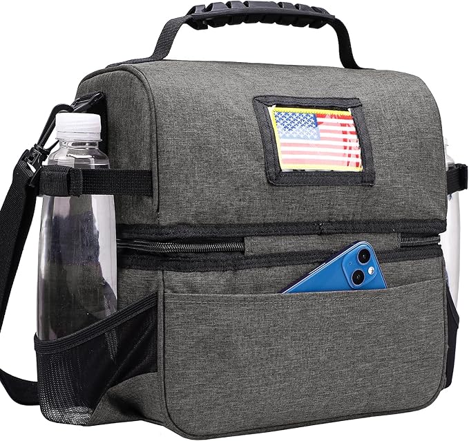 MIER Dual Compartment Lunch Bag Tote with Shoulder Strap for Men and Women Insulated Leakproof Cooler Bag, Grey