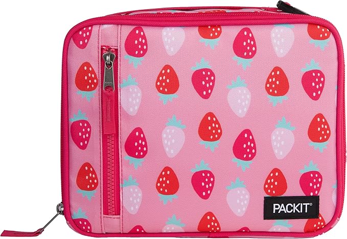 PackIt® Freezable Classic Lunch Box, Sweet Strawberry, Built with ECOFREEZE® Technology, Collapsible, Reusable, Zip Closure With Zip Front Pocket and Buckle Handle, Designed for Fresh Lunch On the Go