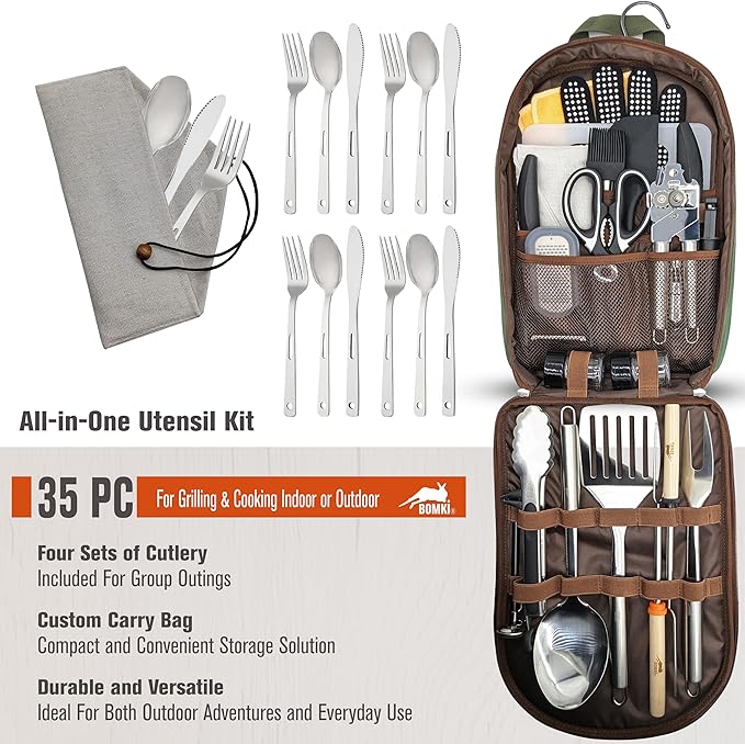 BOMKI Grilling & Camping Cookware - BBQ & Camp Cooking Set, Green Pro