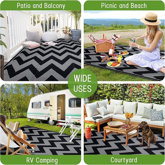 Easy-Going Reversible Outdoor Rugs 4x6ft Waterproof Plastic Straw Rug Stain & UV Resistant Floor Mat for Patio Porch RV Backyard Pool Deck Picnic Beach Trailer Camping (Waved Black & Grey)