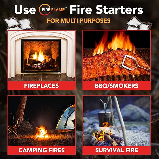 Fireflame Quick Instant Fire Starter - 100% Waterproof All-Purpose Indoor & Outdoor Firestarter, for Charcoal Starter, Campfire, Fireplace, BBQ - Odorless and Non-Toxic - 60 Pouches in Canister