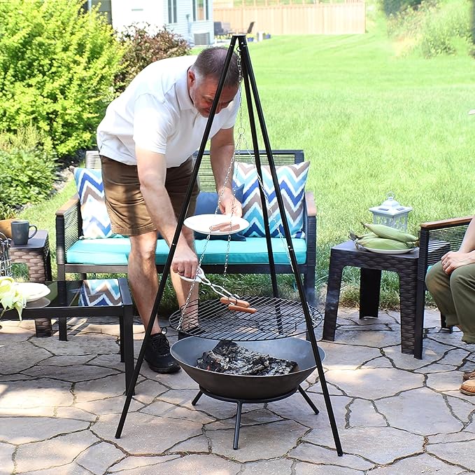 Sunnydaze Outdoor Fire Pit Tripod Cooking Grill System - Black Steel Grate and Legs - 22-Inch