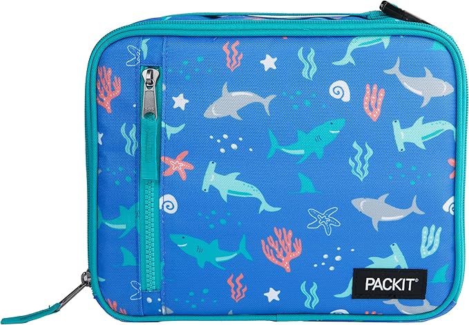 PackIt®️ Freezable Classic Lunch Box, Sea Shark, Built with ECOFREEZE® Technology, Collapsible, Reusable, Zip Closure With Zip Front Pocket and Buckle Handle, Designed for Fresh Lunch On the Go