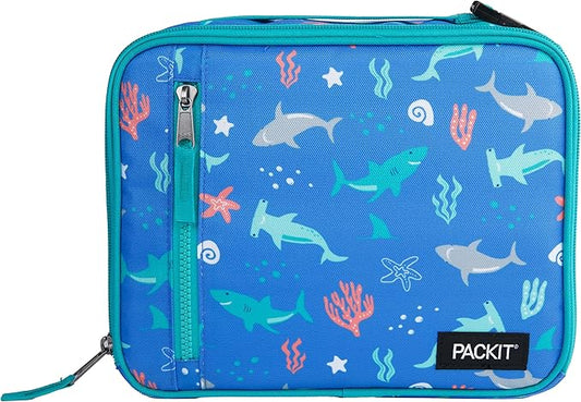 PackIt®️ Freezable Classic Lunch Box, Sea Shark, Built with ECOFREEZE® Technology, Collapsible, Reusable, Zip Closure With Zip Front Pocket and Buckle Handle, Designed for Fresh Lunch On the Go