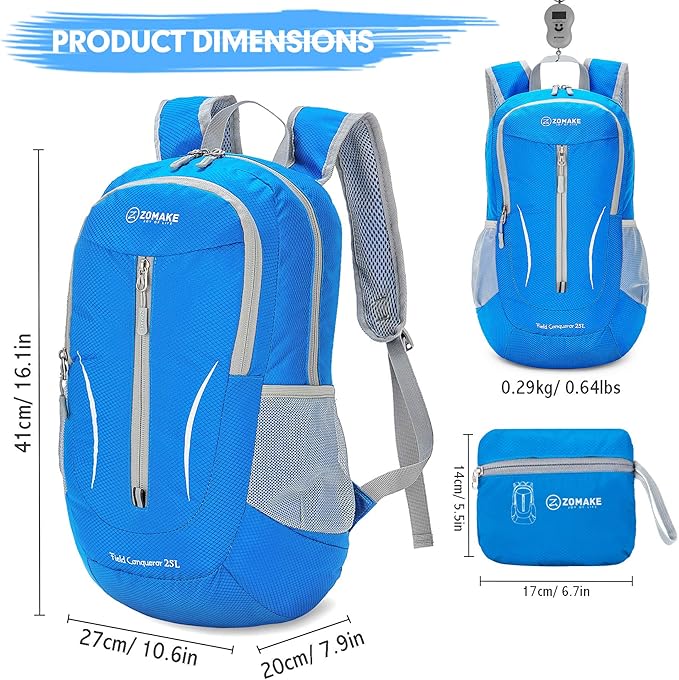 ZOMAKE Ultra Lightweight Packable Backpack 25L, Foldable Hiking Backpacks Water Resistant Small Folding Daypack for Travel(Dark Blue-NEW)