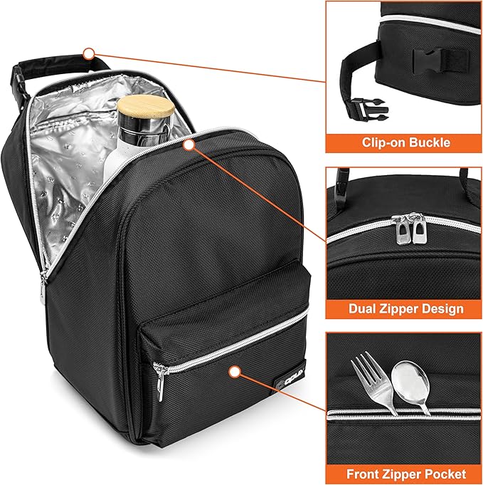 opux Lunch Box for Girls Boys Kids, Insulated Leakproof Lunch Bag, Reusable Teen Lunch Boxes for School, Medium Large lunchbox for Women Men Adult for Work with Front Back Pocket (Black)
