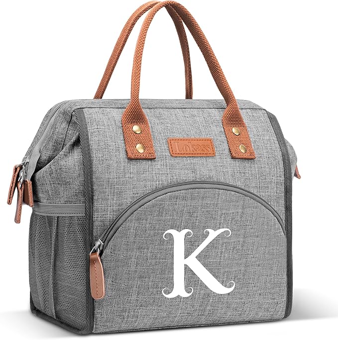 Initial Lunch Bag Women Insulated Lunch Box Wide-Open Lunch Tote Bag Large Drinks Holder Durable Nylon Thermal Snacks Organizer for Work, Travel, Picnic Personalized Gifts for Women/Teacher