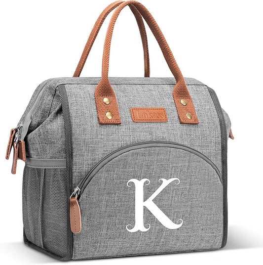 Initial Lunch Bag Women Insulated Lunch Box Wide-Open Lunch Tote Bag Large Drinks Holder Durable Nylon Thermal Snacks Organizer for Work, Travel, Picnic Personalized Gifts for Women/Teacher