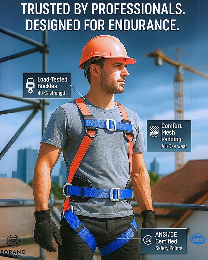 Sorano Safety Harness Fall Protection Kit, Full Body Roofing harnesses with Shock Absorbing Lanyard for Men, Fall Protection Harness for Construction Arneses De Seguridad Para Construcción, OSHA/ANSI