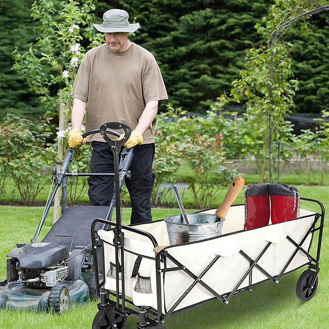 YSSOA Extended Folding Utility Wagon, 330LBS Heavy Loaded Collapsible Garden Cart with Anti-Slip Wheels, Adjustable Handle and Side Pockets, Large, White, X-Large