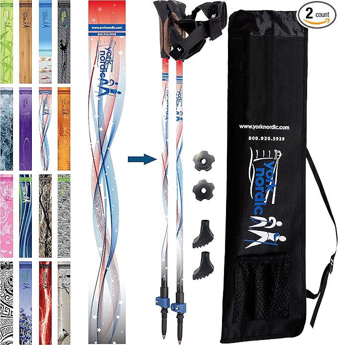 Official Nordic Walking Poles - True Classic Nordic Glove Grips, Lightweight, Adjustable, and Collapsible -2 Pieces w/flip Locks, Detachable Feet and Travel Bag by York Nordic - Heights 5'4"-6'2"