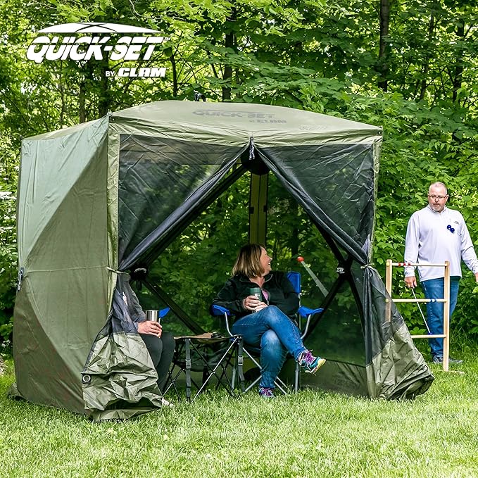 CLAM Quick Set Traveler 6x6Ft Portable Outdoor 4 Sided Canopy Shelter, Green/Tan + Clam Quick Set Screen Hub Tent, Accessory Only, Green (3 Pack)