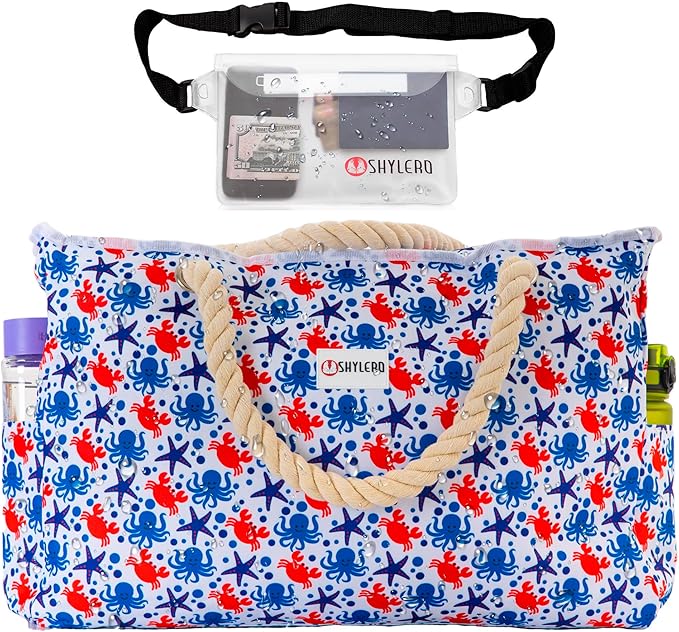 SHYLERO Beach Bag and Pool Bag. Has Airtight Pouch, Ton of Pockets. Beach Tote is Zippered, Water Resistant. Family Size