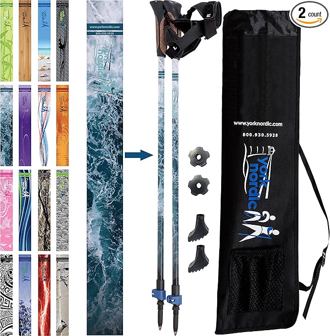 Official Nordic Walking Poles - True Classic Nordic Glove Grips, Lightweight, Adjustable, and Collapsible -2 Pieces w/flip Locks, Detachable Feet and Travel Bag by York Nordic - Heights 5'4"-6'2"